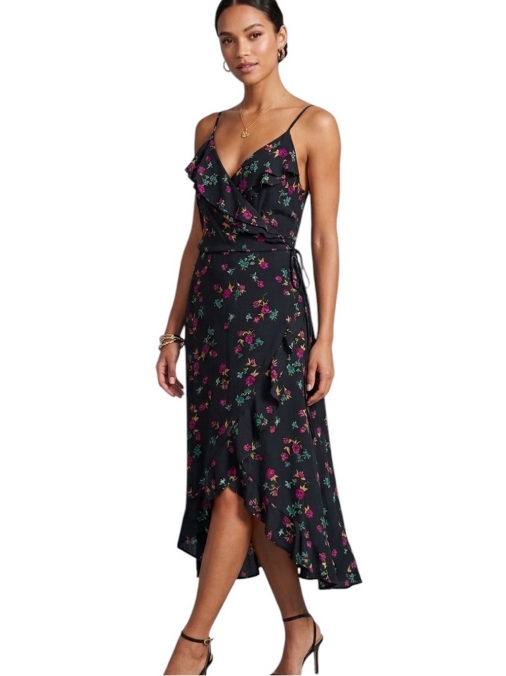 Leith Floral Wrap Dress High-Low Midi Ruffle Purple Teal Medium